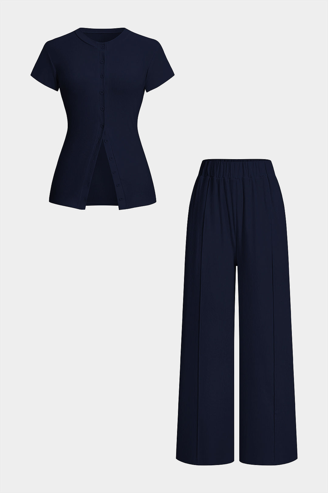 Einfarbiges Oberteil mit Rundhalsausschnitt und kurzen Ärmeln mit Knopfleiste und Hose mit hoher Taille