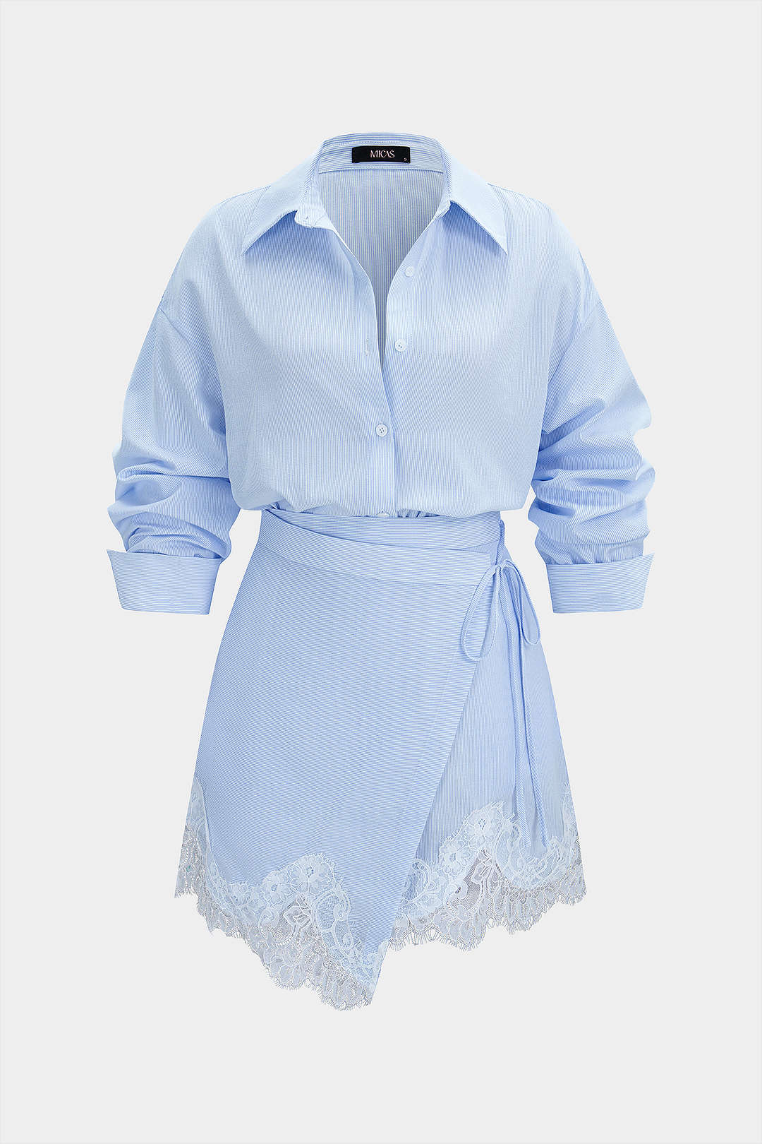 Stripes Print Button Blouse And Wrap Tie-Up Mini Skirt Set