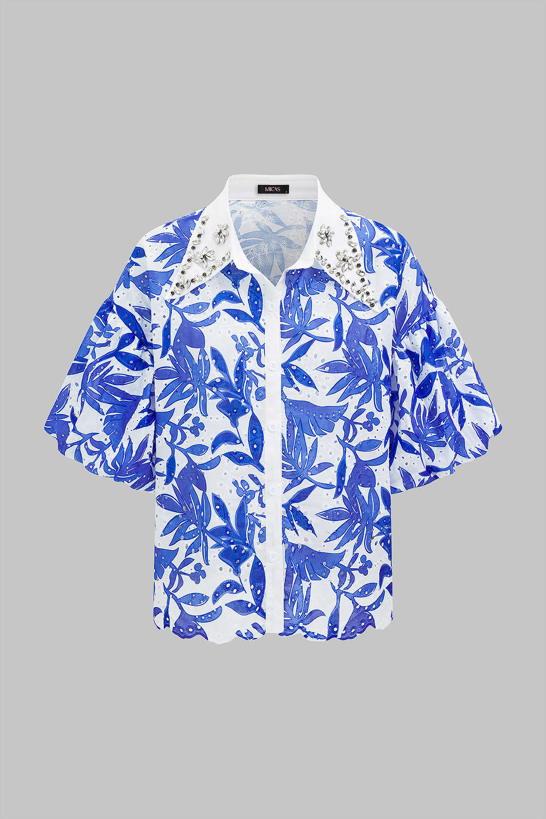 Chemise à manches courtes ajourée avec imprimé floral et strass