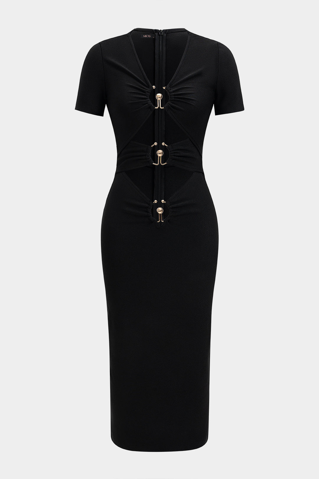 Metallic V-Neck Ruched Cut Out Short Sleeve Maxi Dress