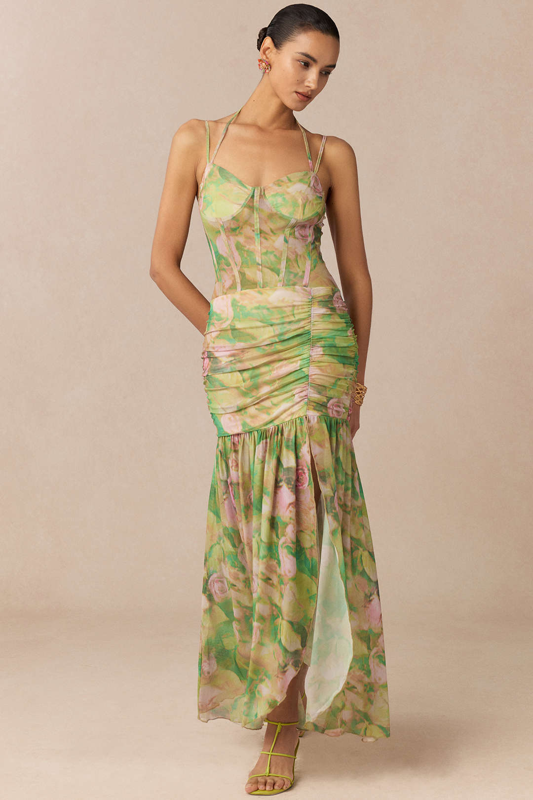 Robe midi sans manches à nouer et à fente, imprimé floral