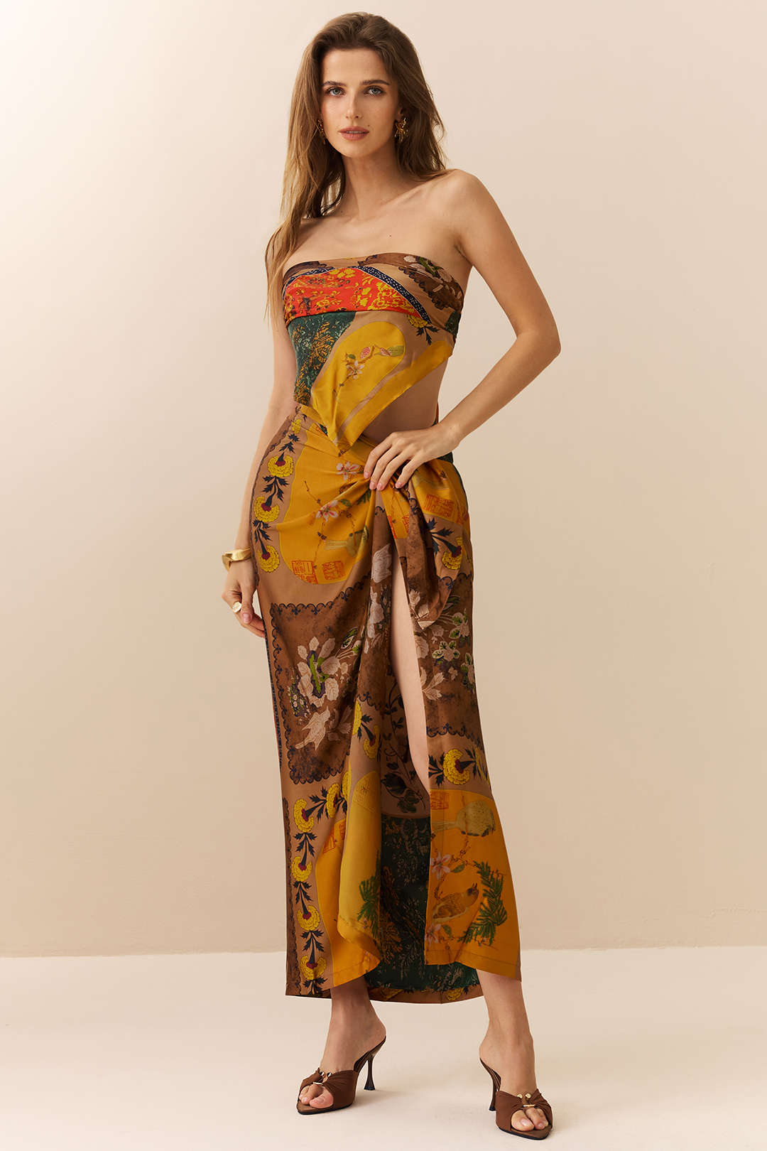 Retro Print Satin Tie Front Skirt