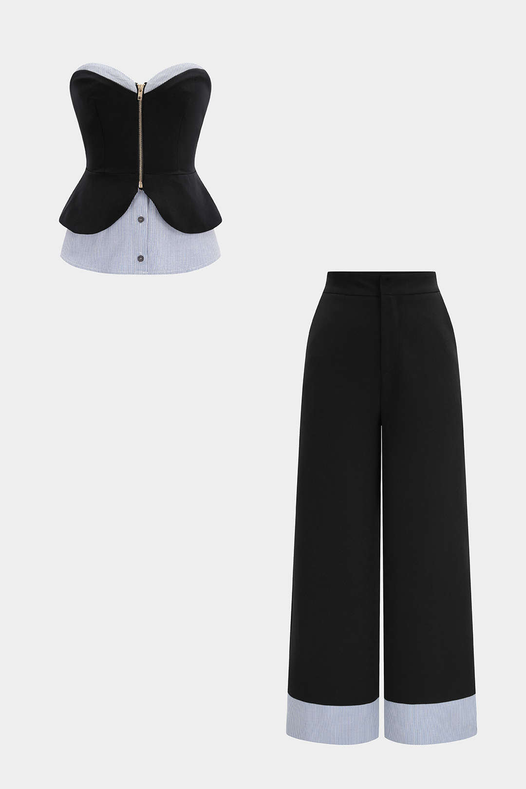 Haut tube zippé patchwork rayé et pantalon droit
