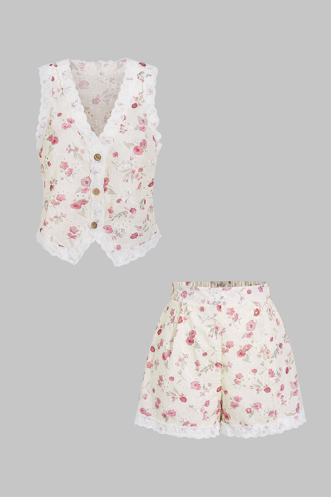 Ensemble chemise décolletée en V et short, à imprimé floral et patchwork
