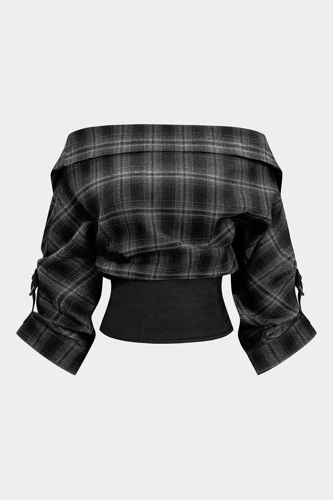 Plaid-Print-Satin-Patchwork-Off-Shoulder-Reißverschluss-Langarm-Hemd
