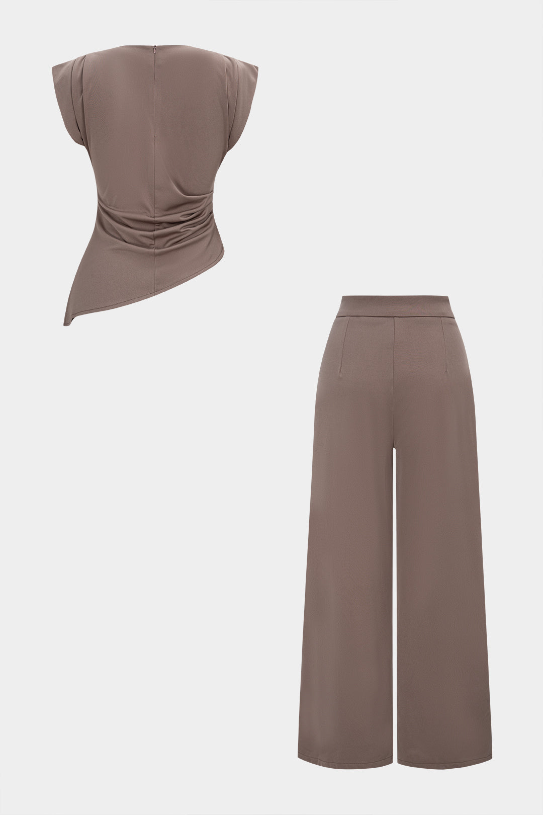 Solid Round Neck Ruched Tank Top And High Waist Wide Pants Set