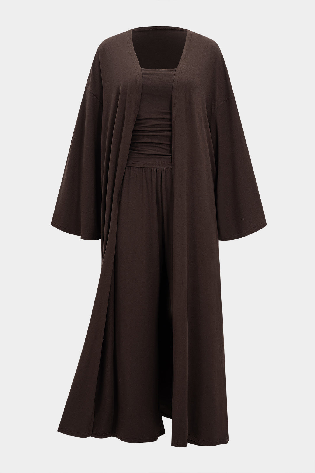 Langes Cardigan-Set mit gerafftem Bandeau-Top und weiter Hose