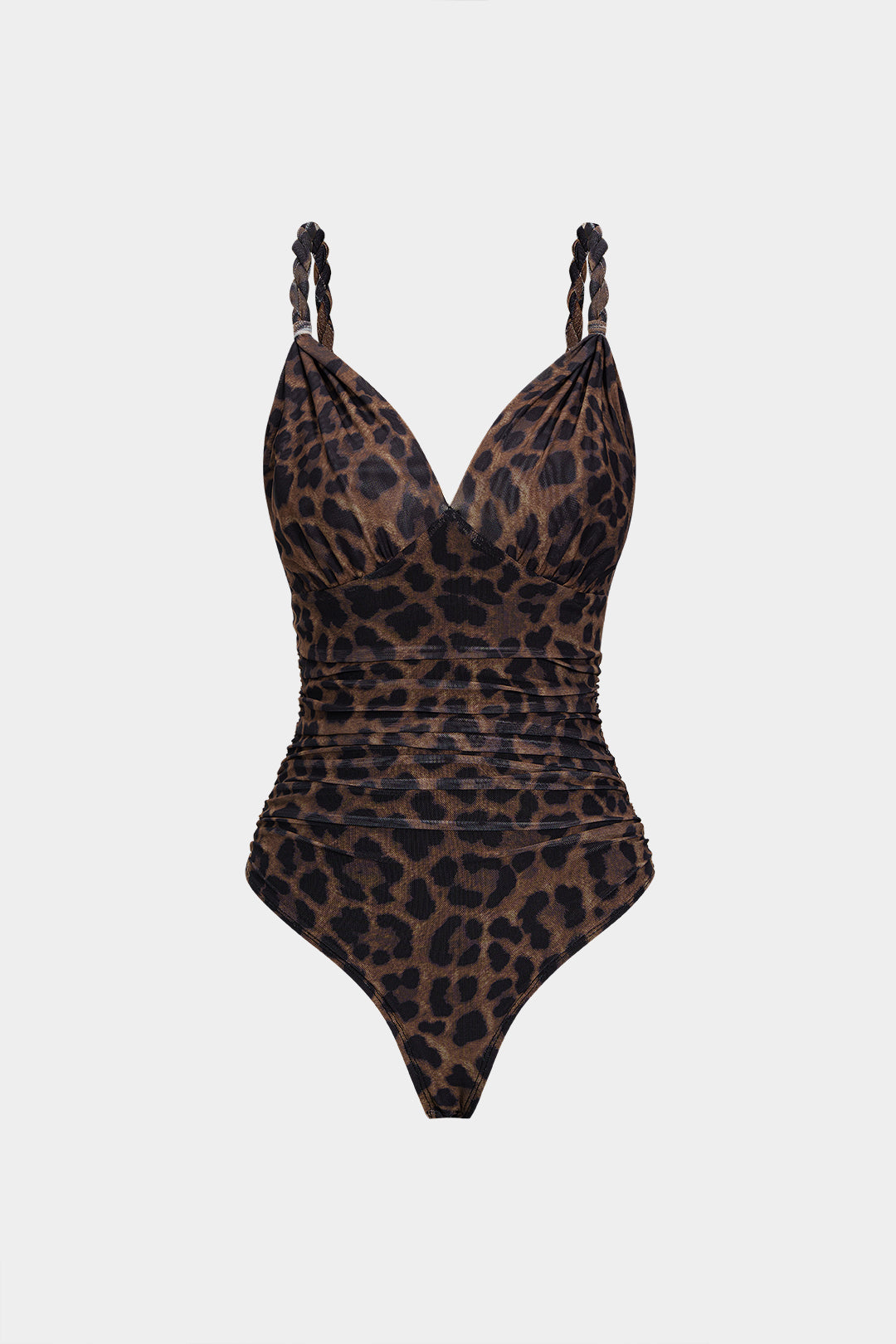 Leopard Print Mesh  V-Neck Ruched Twist Knot Slip Sleeveless Bodysuit