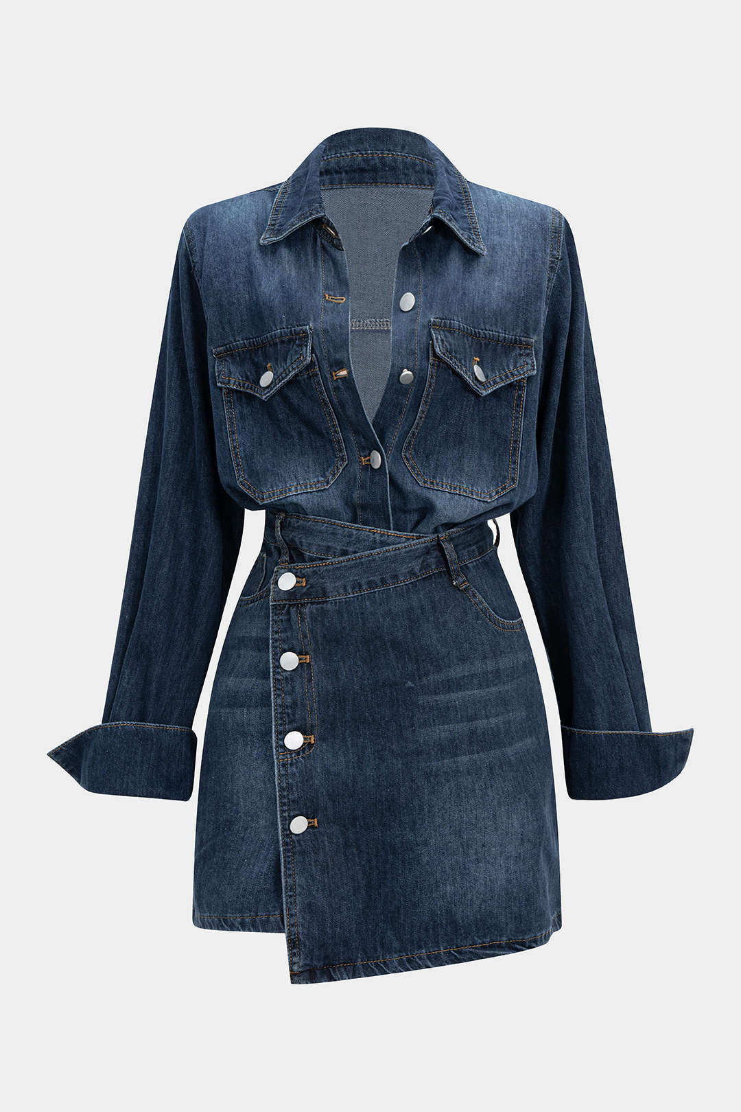Denim-Knopf-Langarm-Top und High-Waist-Minirock-Set