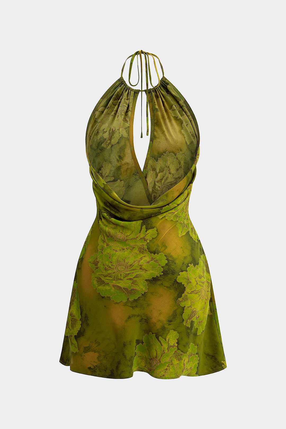 Geblümtes Satin-Neckholder-Minikleid mit Cut-Outs und Bindebändern