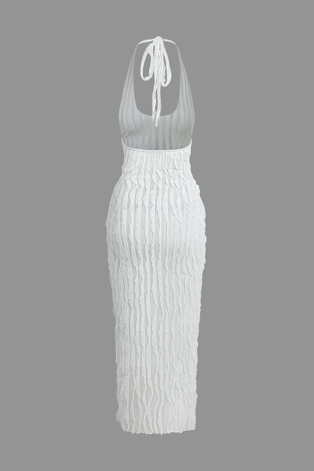 Robe longue dos nu à volants texturés transparents