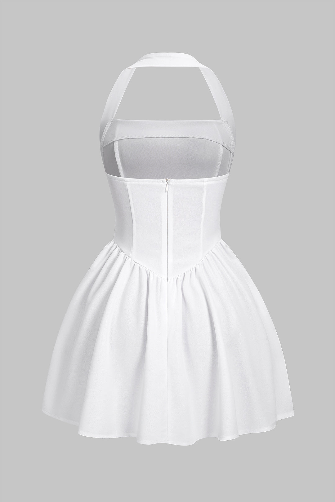 Robe mini sans manches froncée à dos nu et col halter avec fermeture éclair