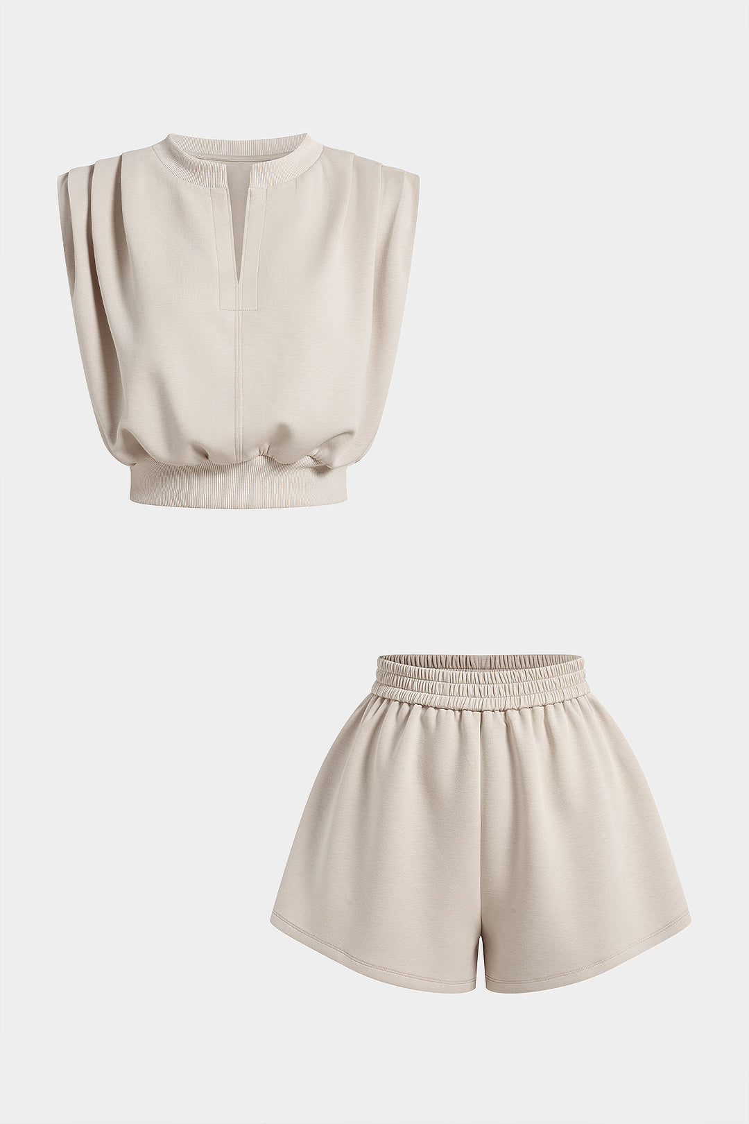 Einfarbiges V-Ausschnitt Tanktop mit Raffungen und Shorts mit gerüschtem Bund und weitem Bein