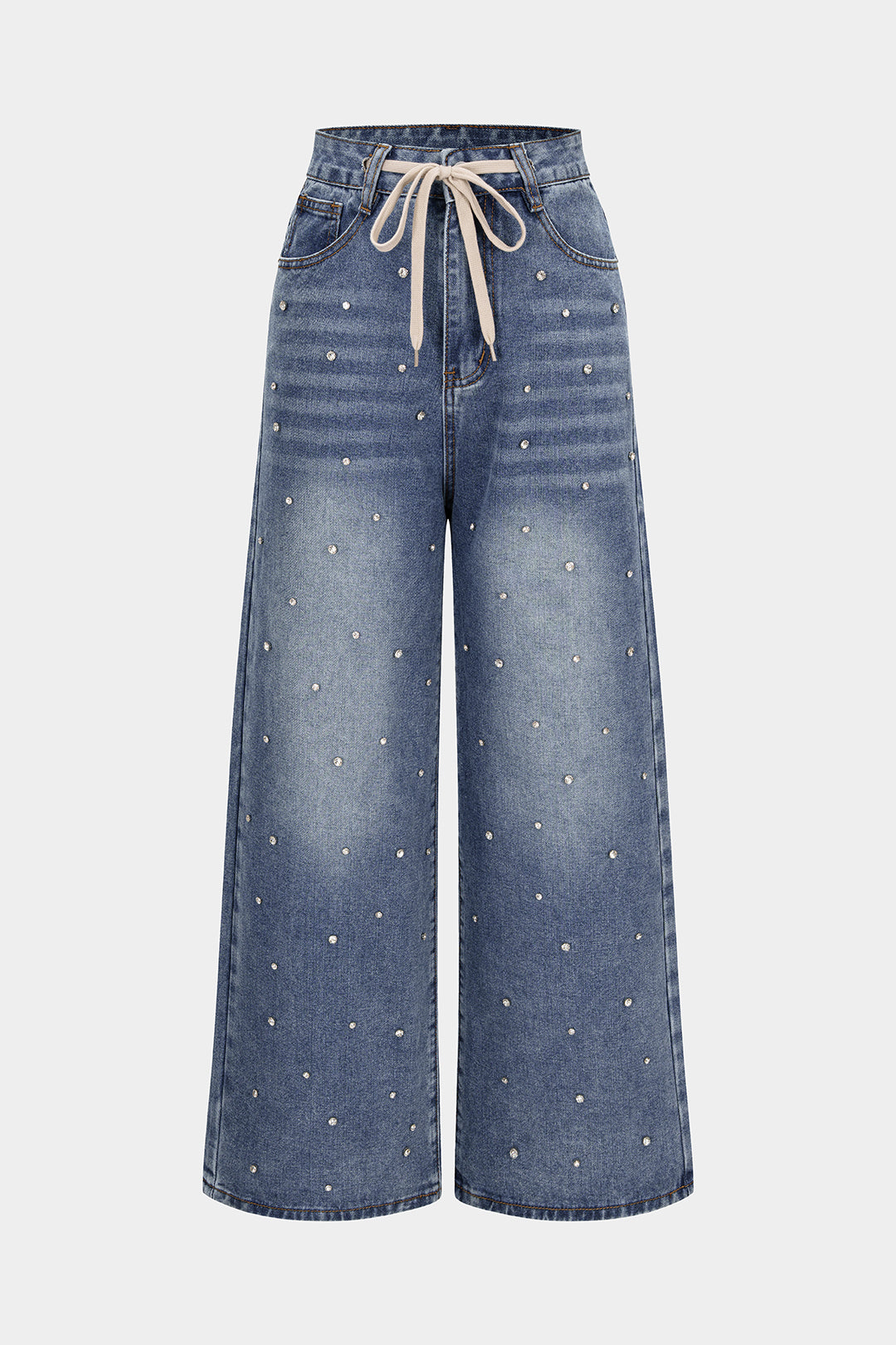 Jean Large En Denim À Taille Haute Avec Cordon De Serrage Et Perles