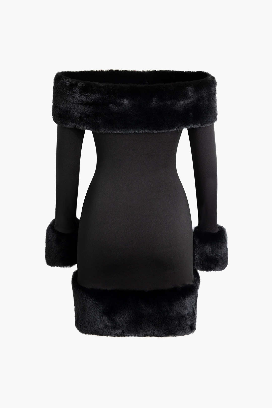Mini-robe épaules dénudées avec bordure en fausse fourrure