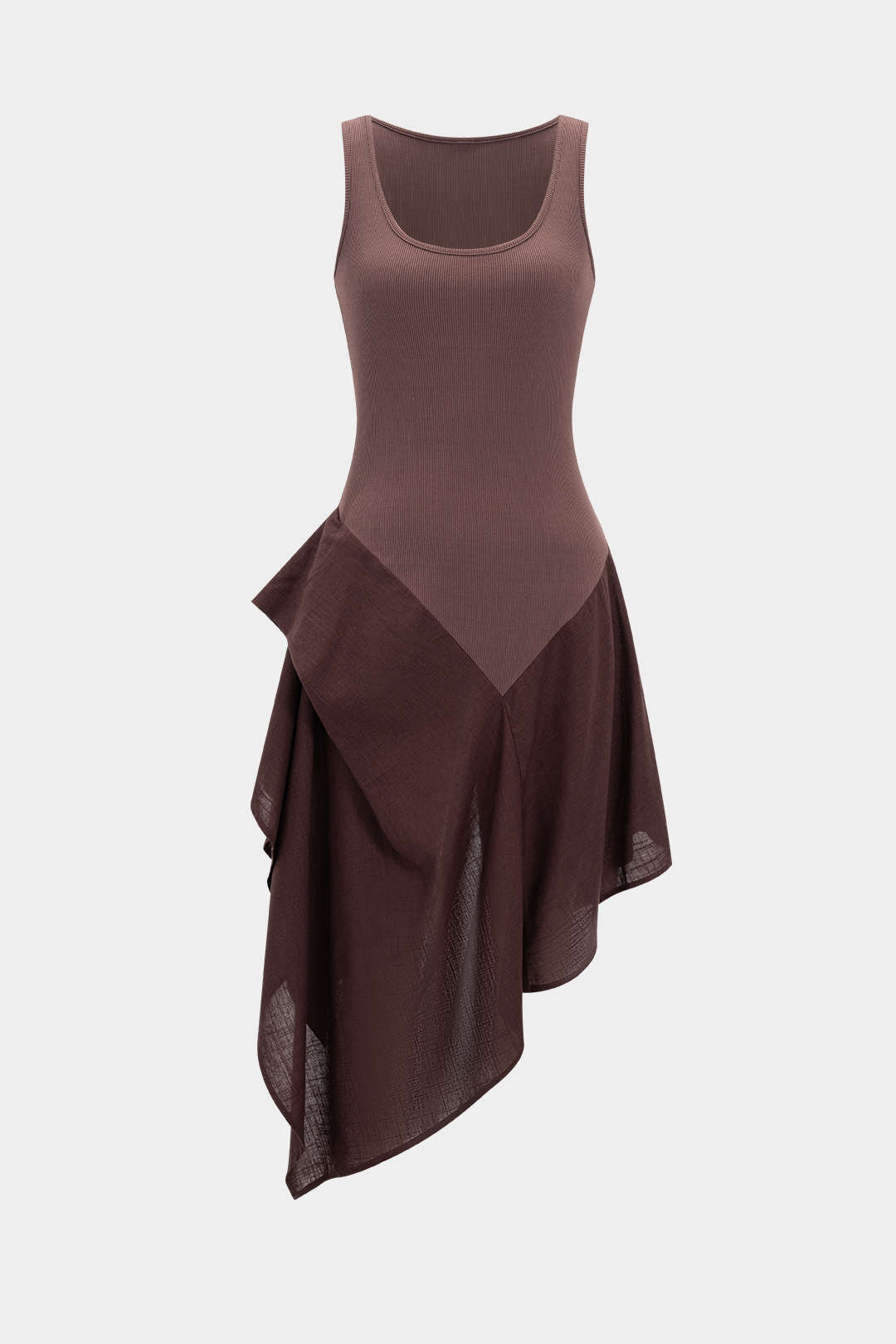 Robe longue sans manches asymétrique froncée en patchwork de lin