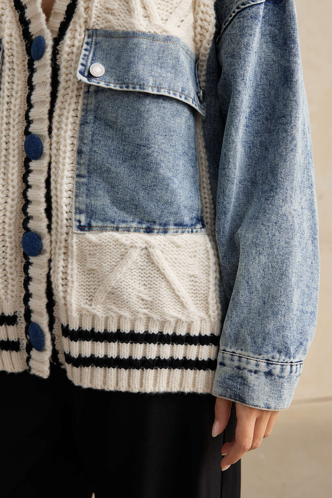Denim-Patchwork-Strickoberbekleidung