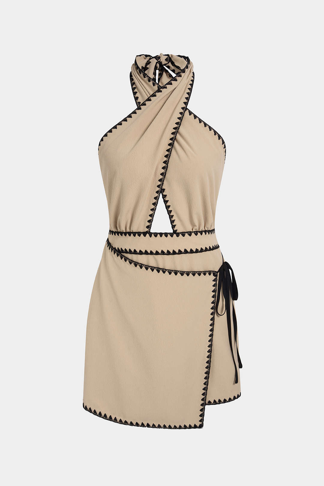 Kontrastierendes Neckholder-Minikleid mit asymmetrischem Cut-out und Schnürung