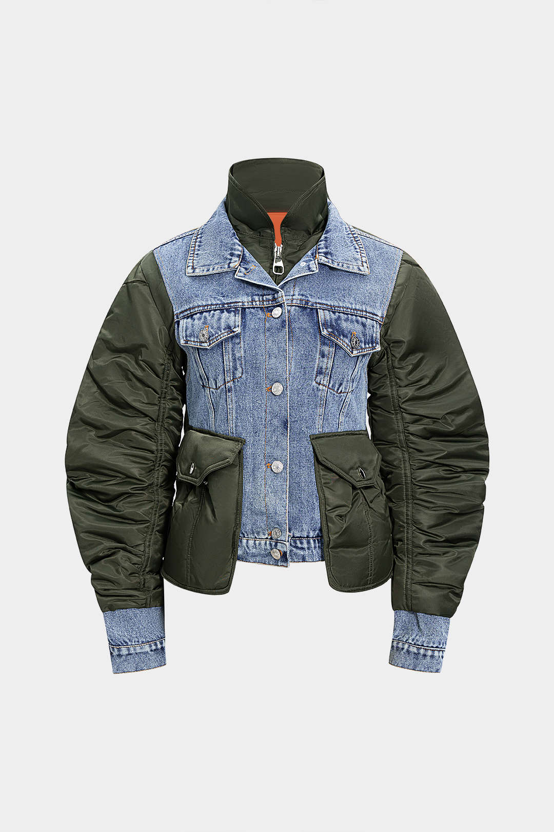 Veste en jean patchwork avec poches froncées