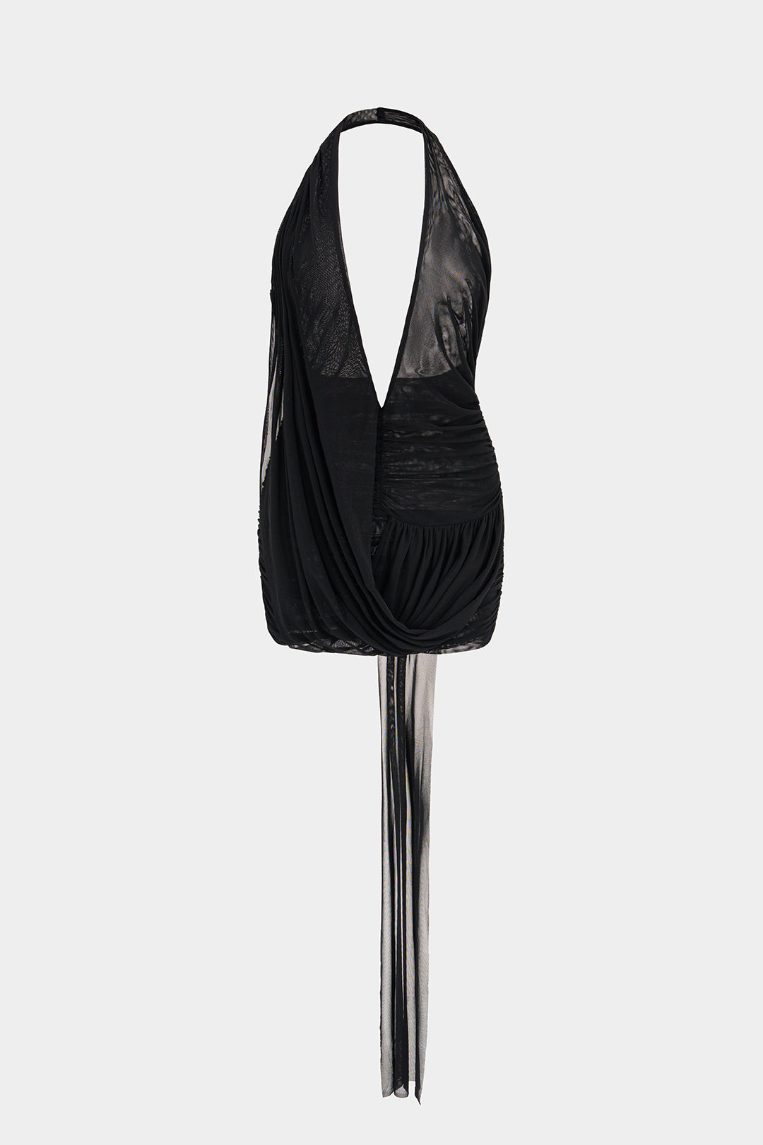 Mesh Patchwork Halter Deep V-Neck Backless Ruched Sleeveless Mini Dress