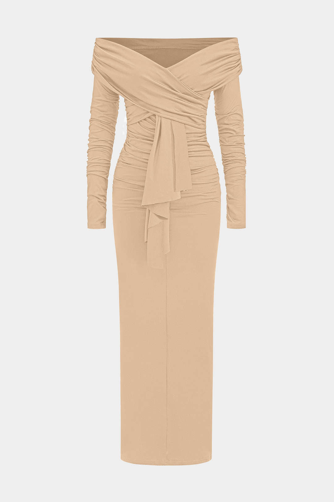 Robe longue drapée à épaules dénudées et ruchées