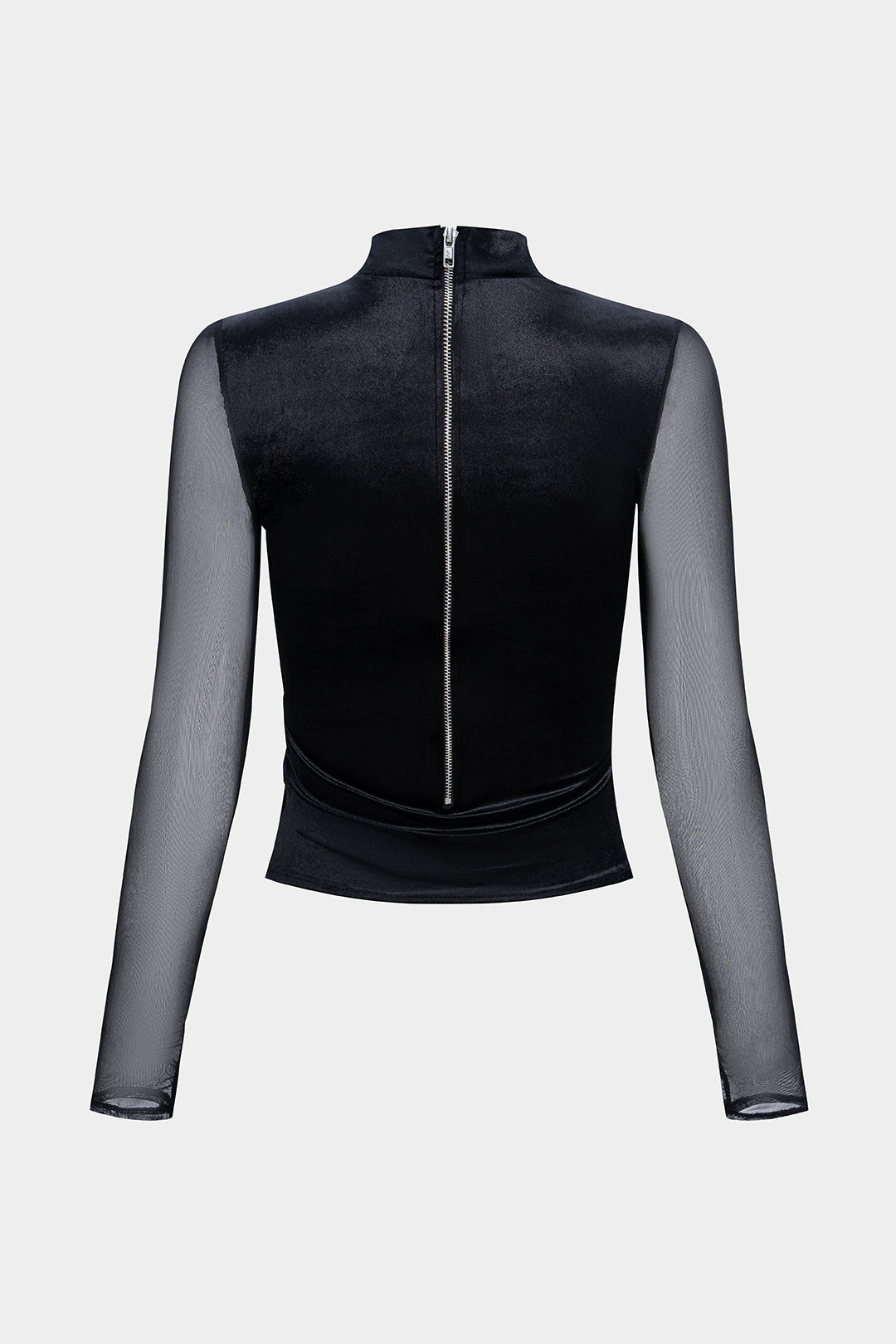 Mesh-Patchwork-Samt-Rollkragentop mit asymmetrischem Cut-Out und langen Ärmeln