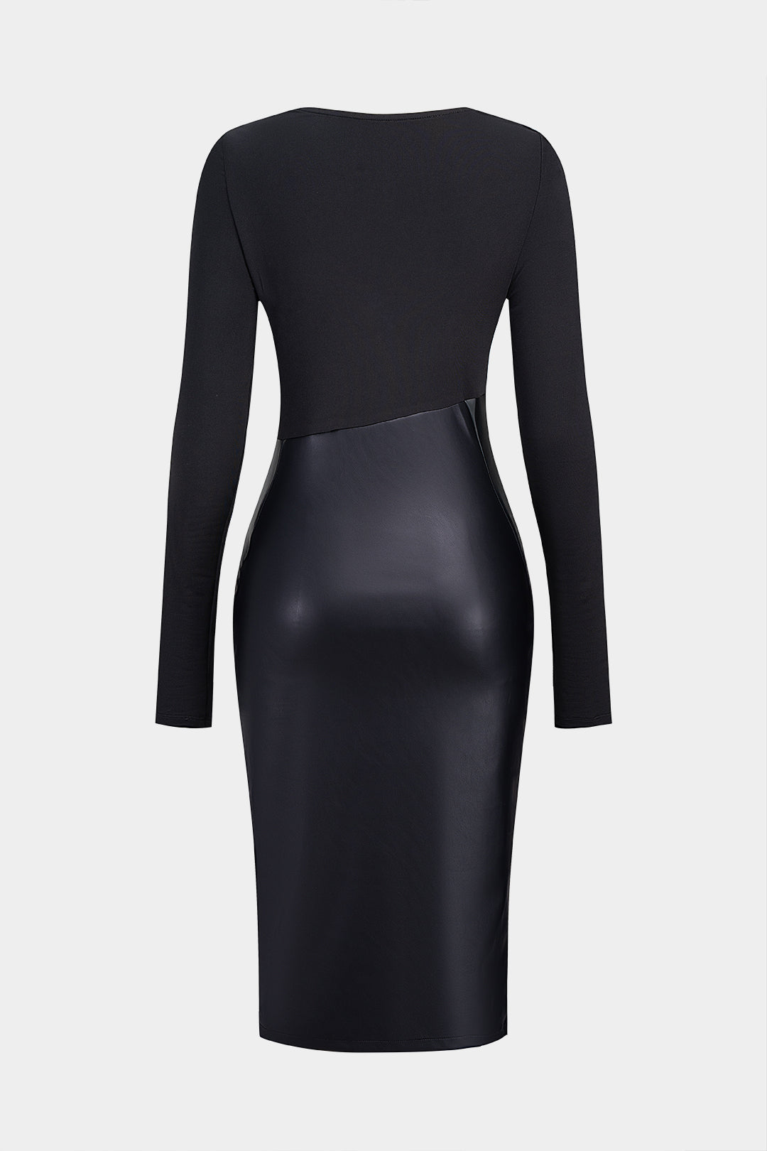 Faux Leather Cowl Neck Zipper Ruched Asymmetrical Long Sleeve Midi Dress