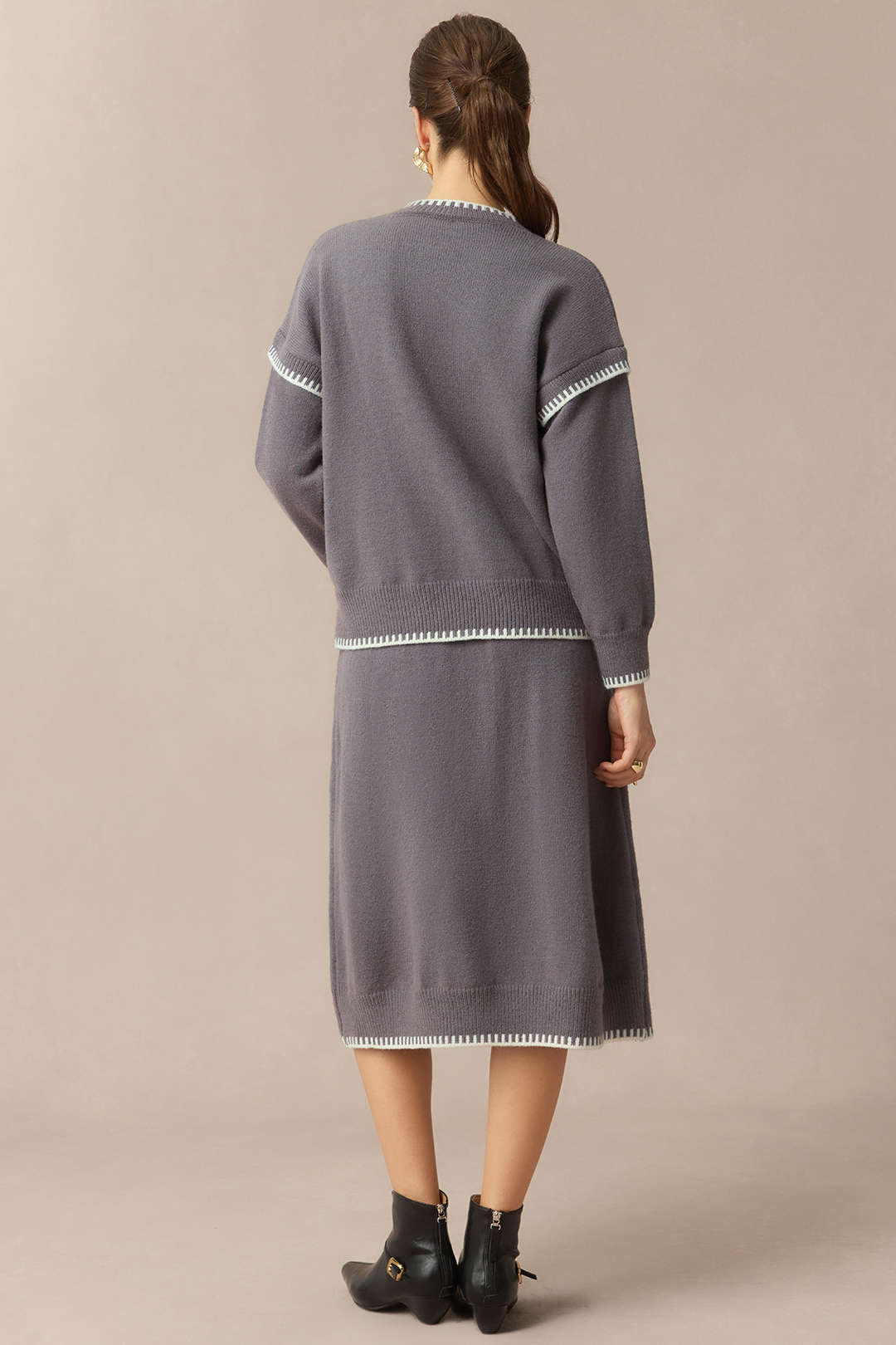 Knit Contrast Binding Round Neck Long-Sleeve Top And Skirt Set