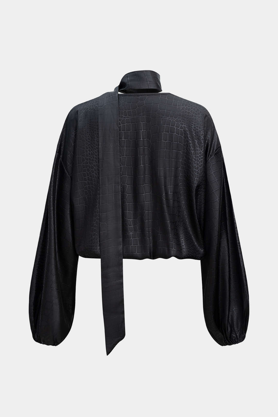 Satin Texture Ruched Long-Sleeve Top With Scarf