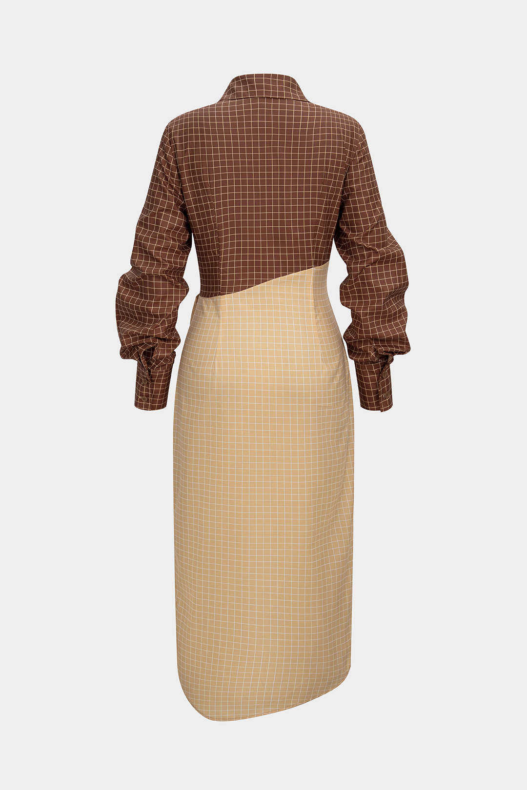 Plaid Print Contrast Asymmetrical Ruched Long Sleeve Midi Dress