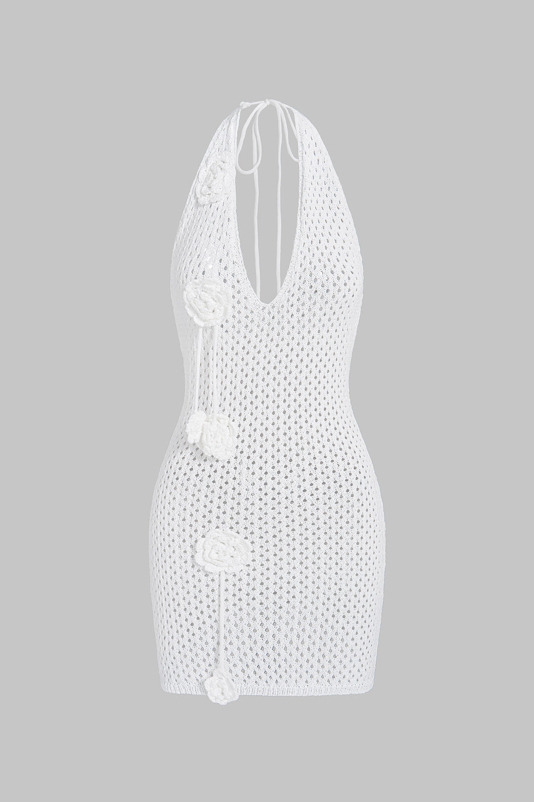Mini-robe sans manches en maille ajourée avec décolleté en V et motif floral.