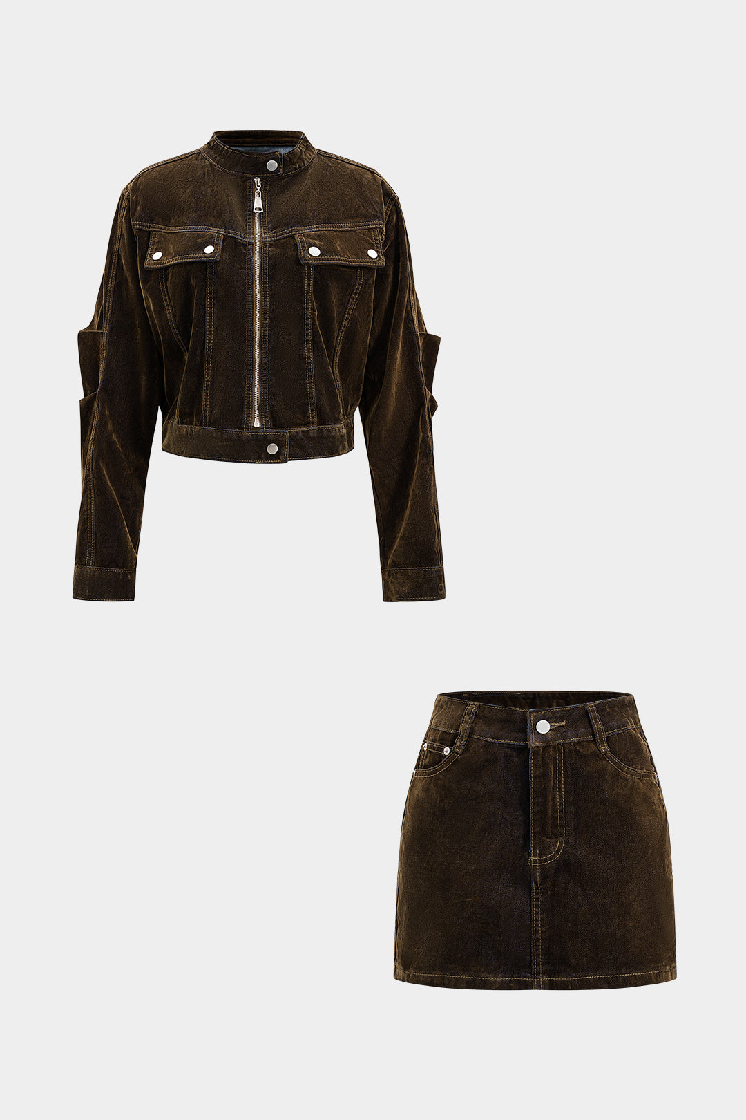 Ensemble jupe courte et veste courte en jean zippée à manches longues