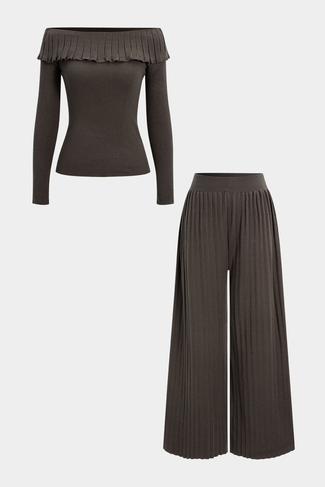 Knit Off Shoulder Ruffle Long-Sleeve Top And Wide Leg Pants Set