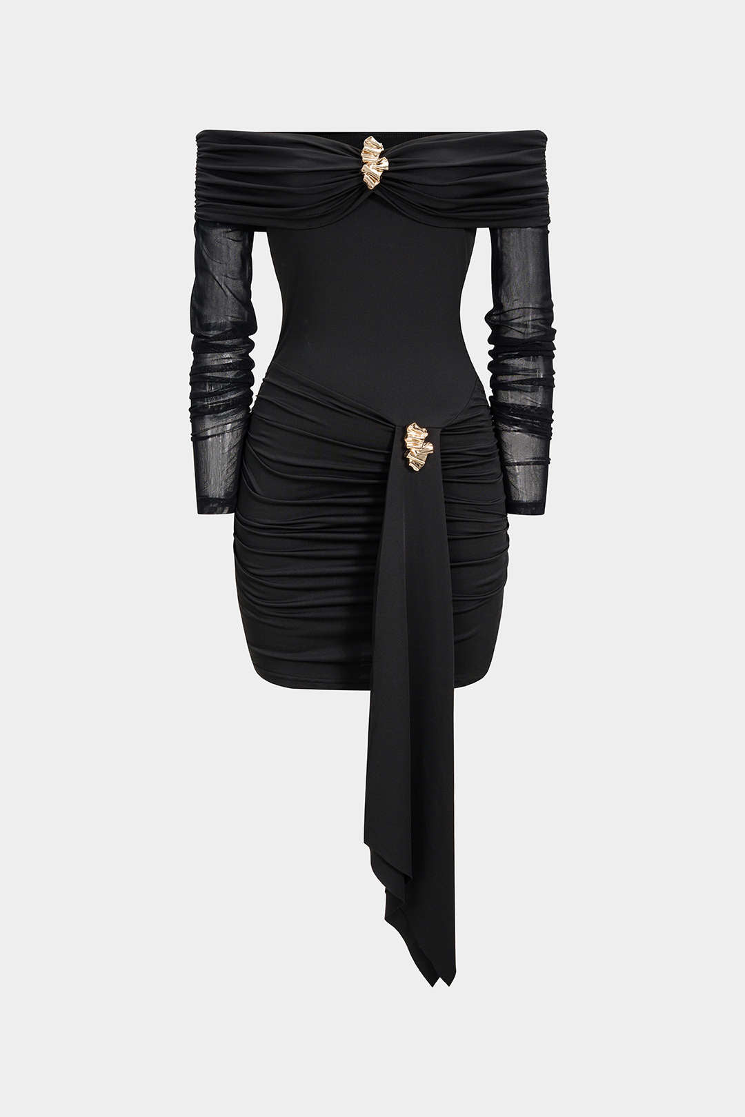 Carmen-Minikleid mit langen Ärmeln, gerafftem, transparentem Metallic-Dekor und Carmen-Ausschnitt