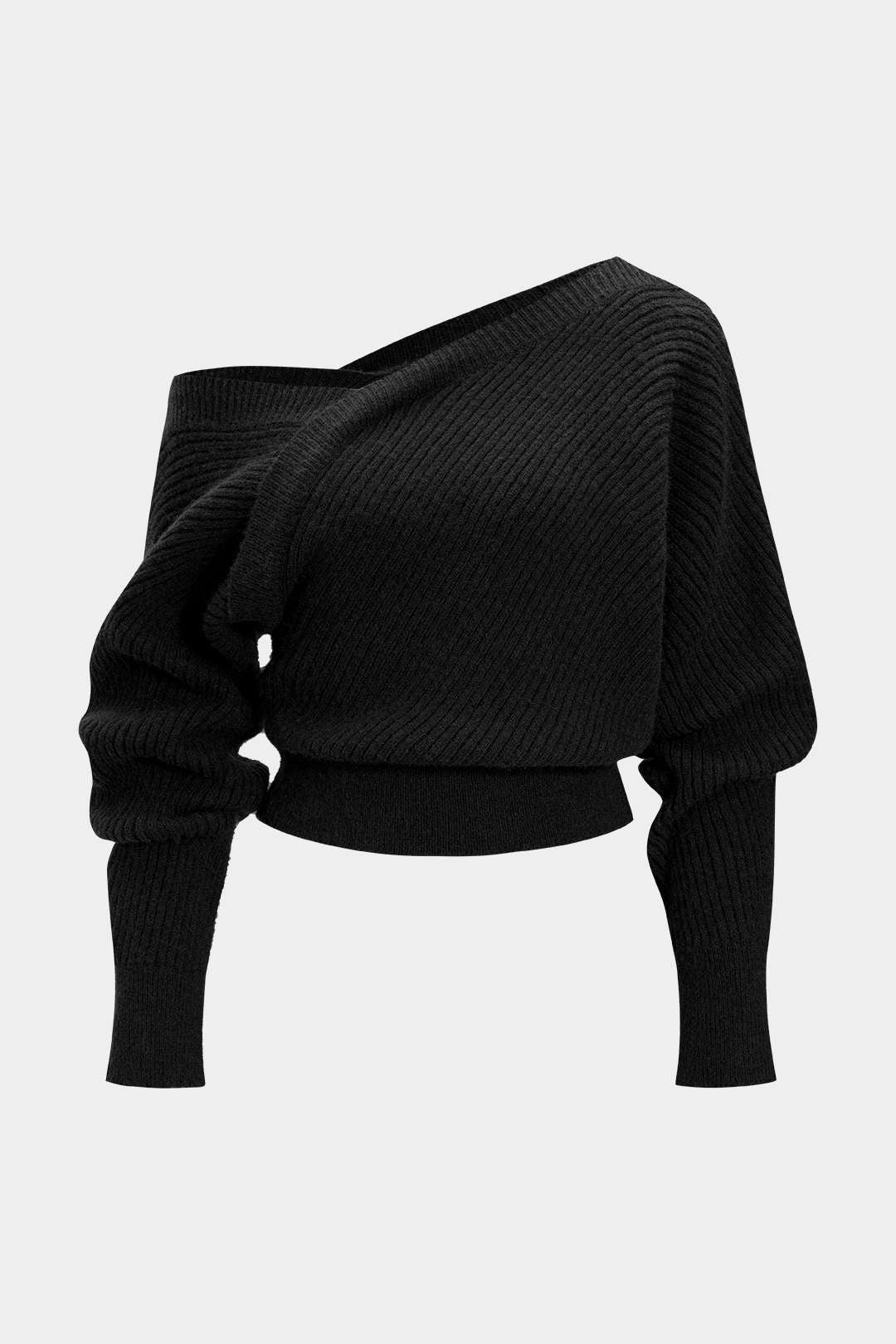 Asymmetrisch geripptes Langarm-Strickoberteil