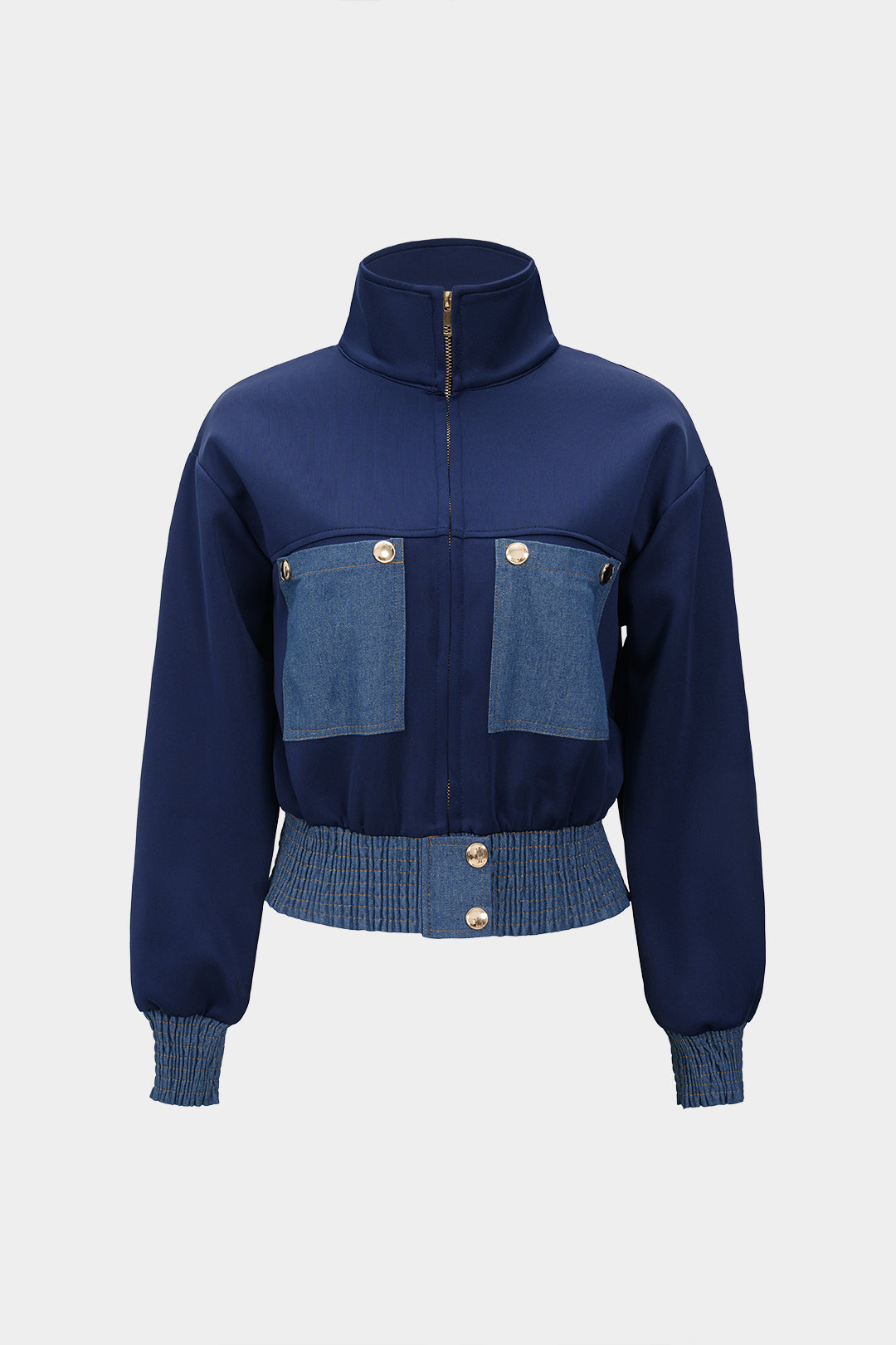 Veste zippée smockée en jean patchwork contrastant