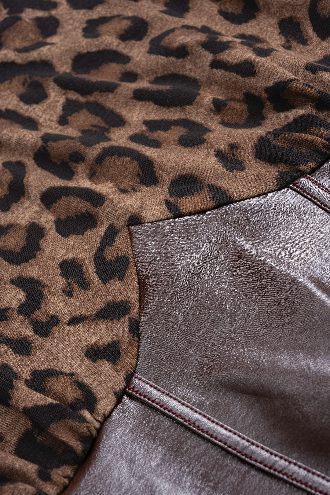 Leopard Print Faux Leather Patchwork Long-Sleeve Bodysuit