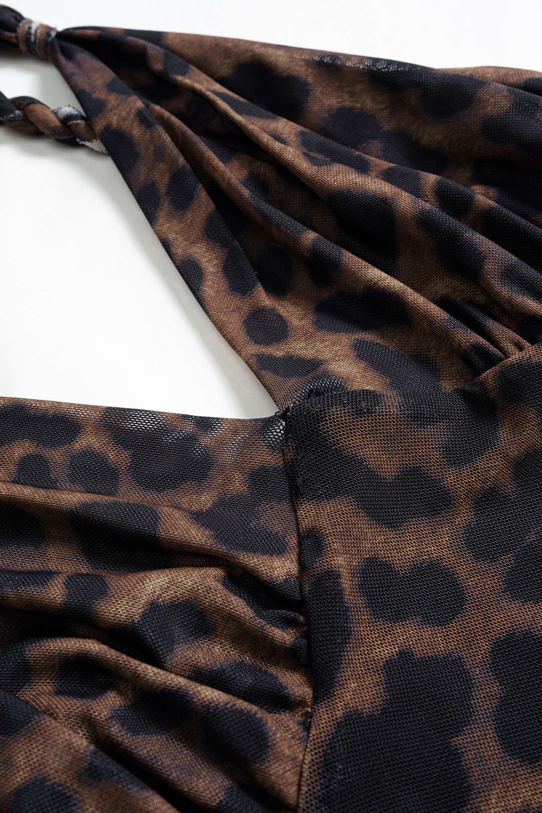 Leopard Print Mesh  V-Neck Ruched Twist Knot Slip Sleeveless Bodysuit