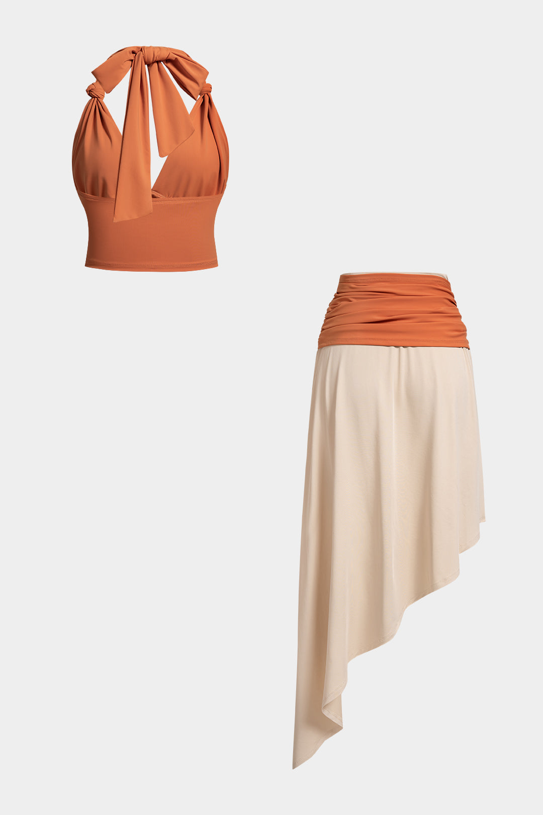 Halter V-Neck Knotted Tank Top And Contrast Asymmetrical Hem Skirt Set