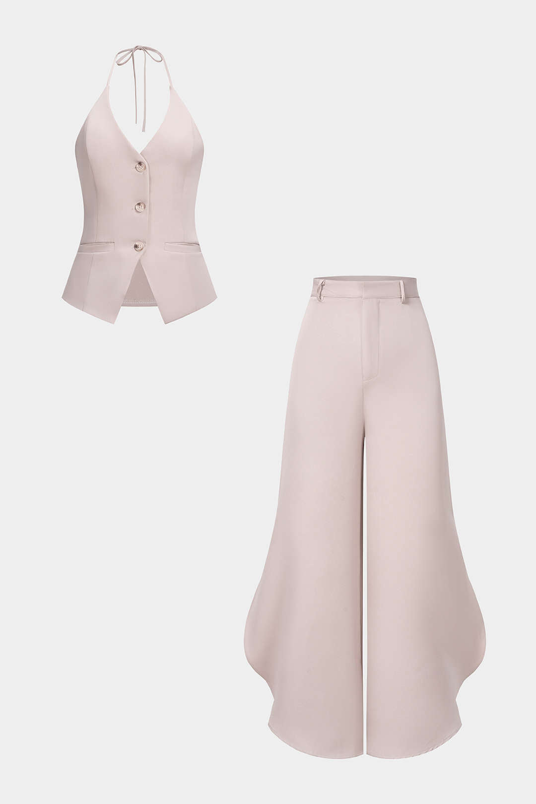 Neckholder-V-Ausschnitt-Trägertop mit Bindeband und weitem Hosen-Set mit seitlichem Schlitz