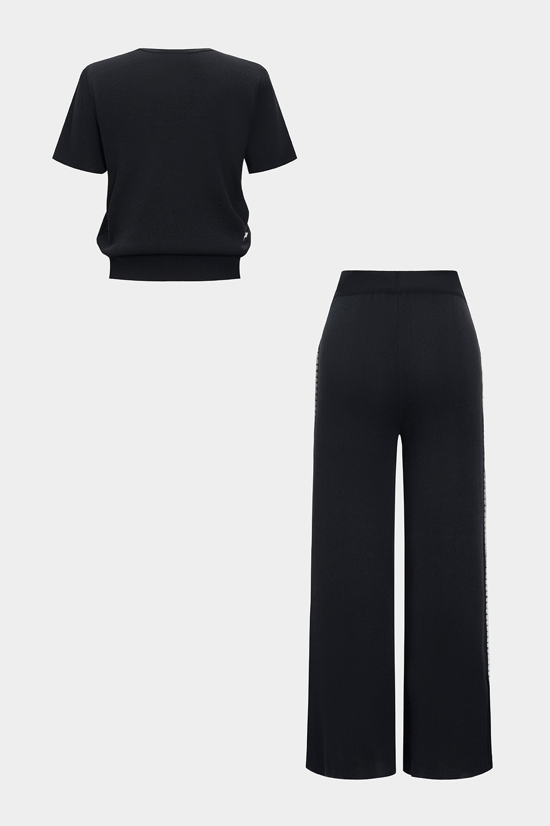 Knit Contrast Cut Out Short-Sleeve Top And Tie-Up Wide Leg Trousers Set