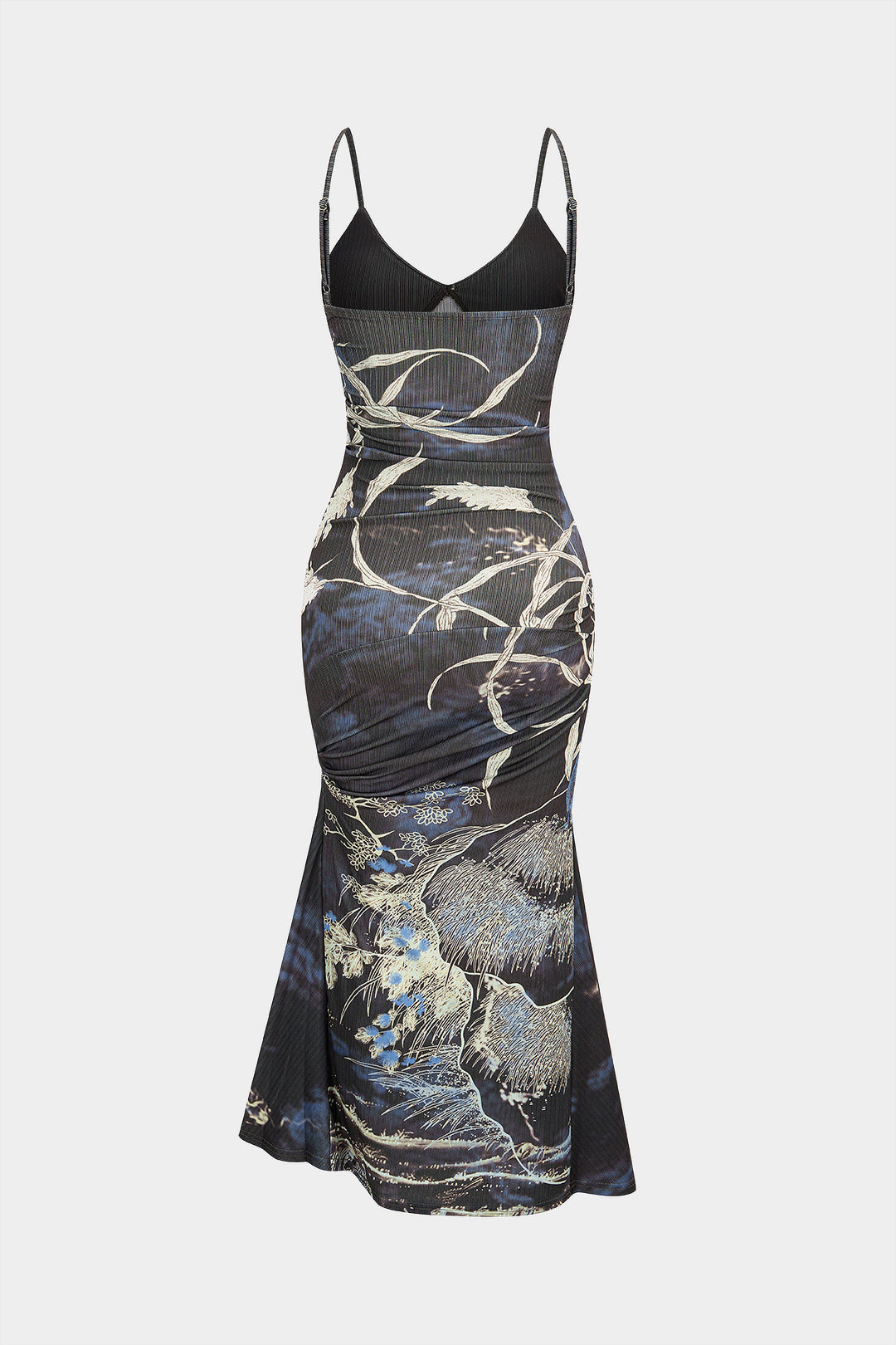 Geblümtes gerafftes ärmelloses Maxikleid aus Mesh