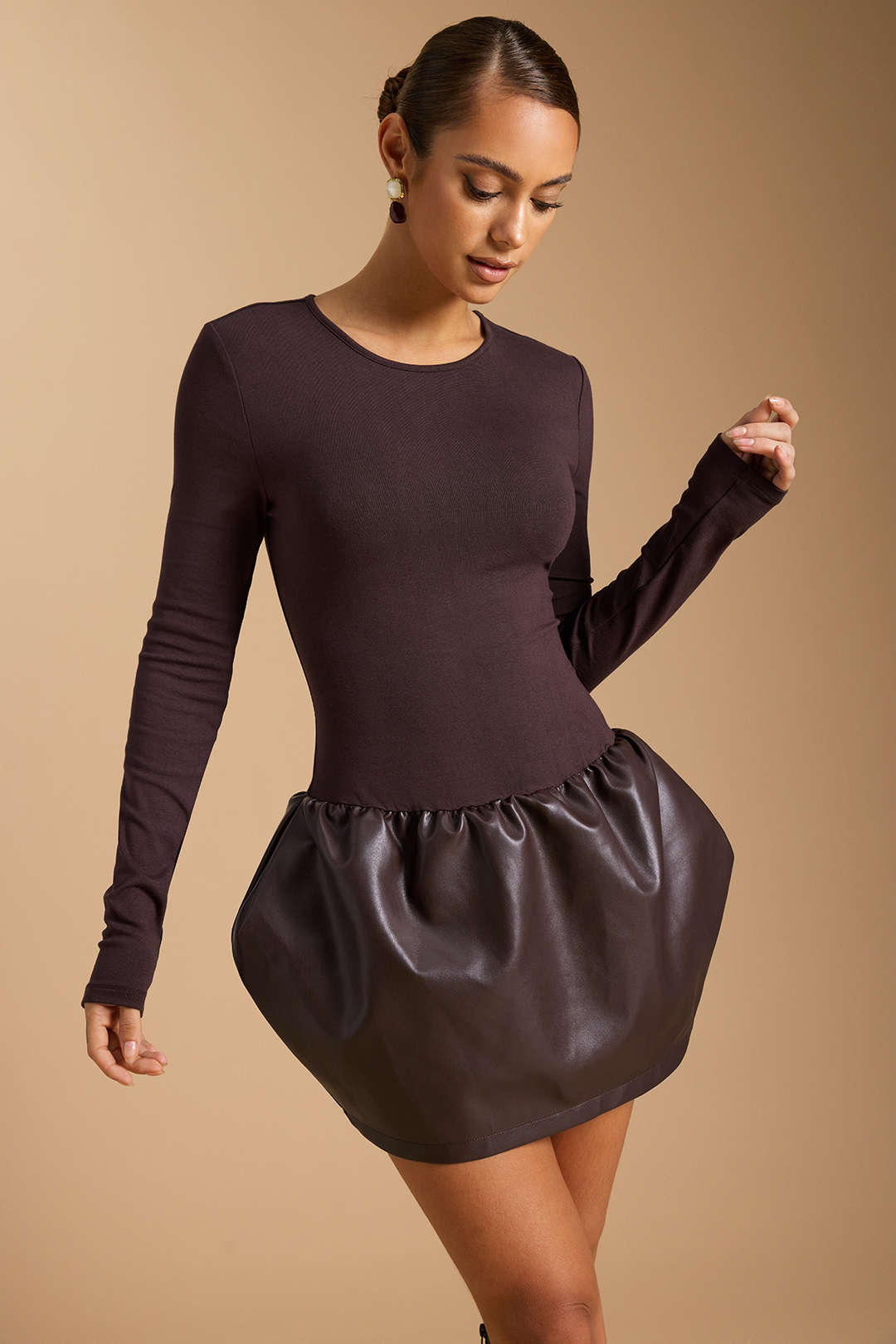 Faux Leather Round Neck Patchwork Ruched Long Sleeve Mini Dress