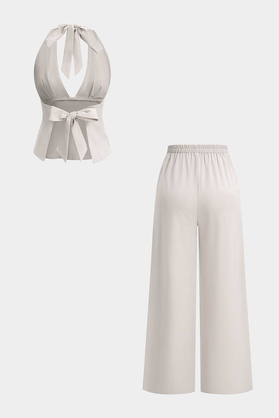 Ensemble haut à col en V et encolure dos-nu à nouer, et pantalon large