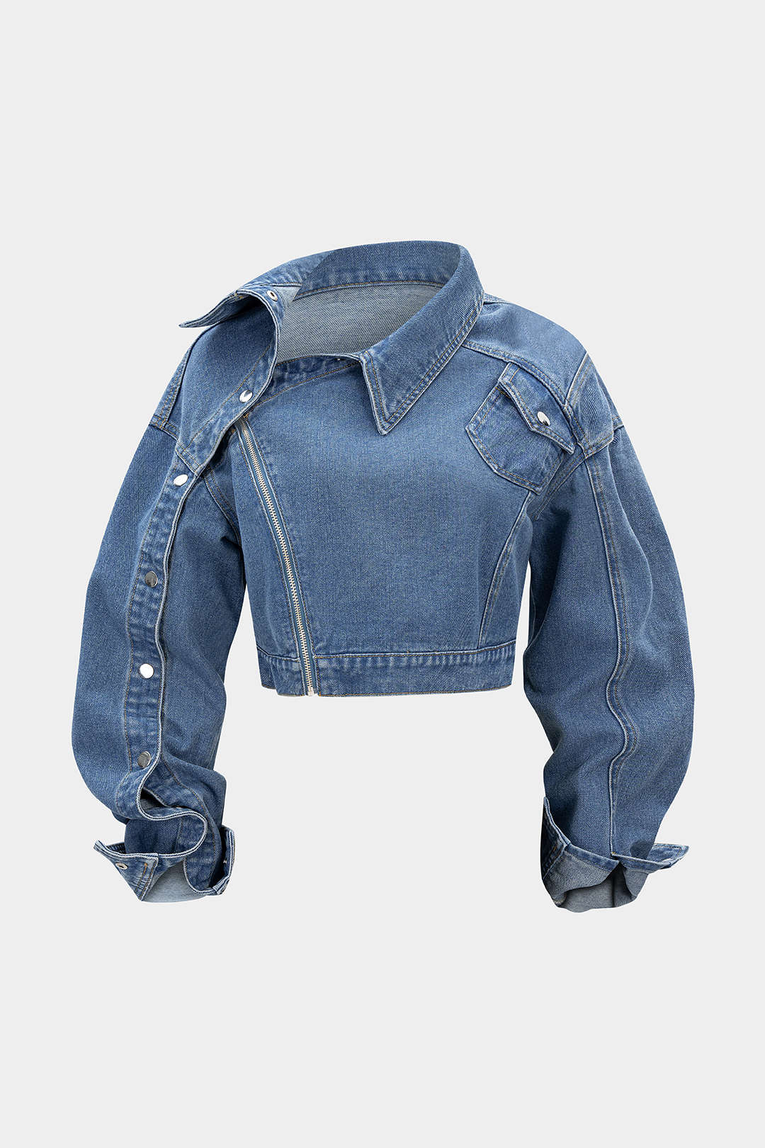 Jeans-Oberteil mit asymmetrischem Reißverschluss und langen Ärmeln