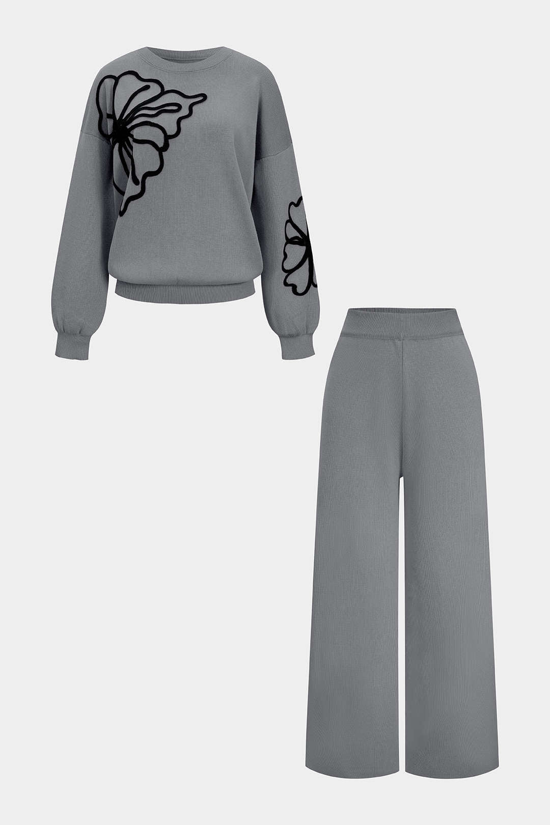 Strickset bestehend aus Rundhals-Langarmshirt mit Stickerei und weiter Hose