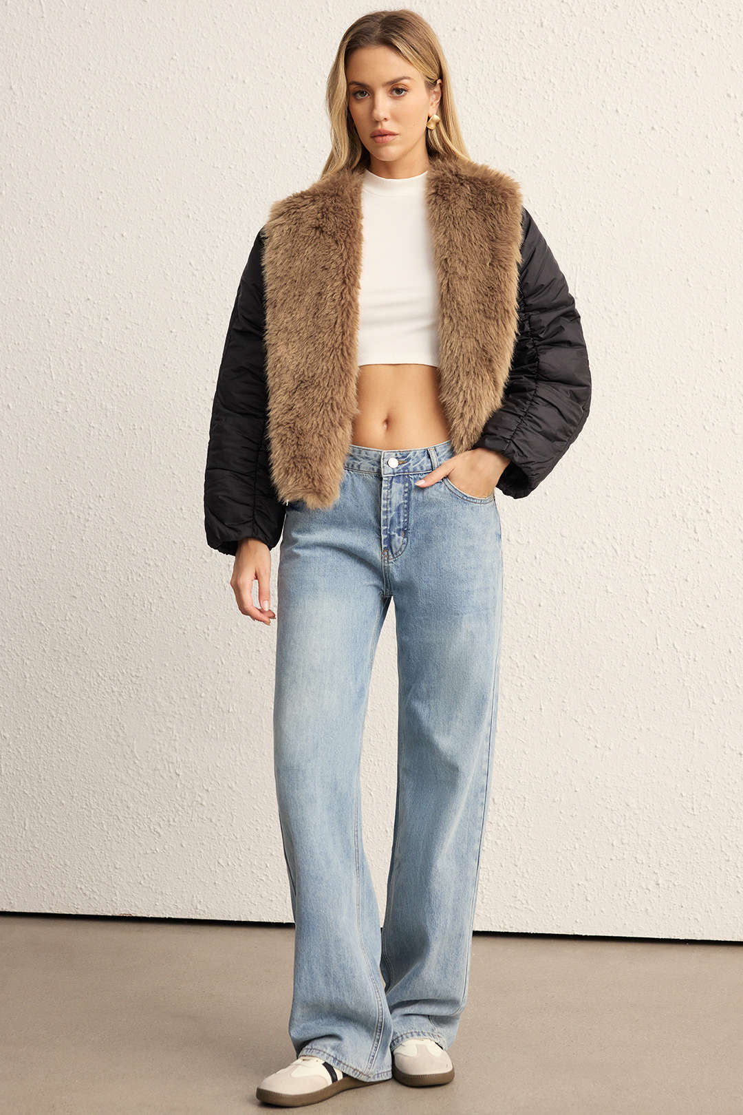 Faux Fur Collar Patchwork Puffer