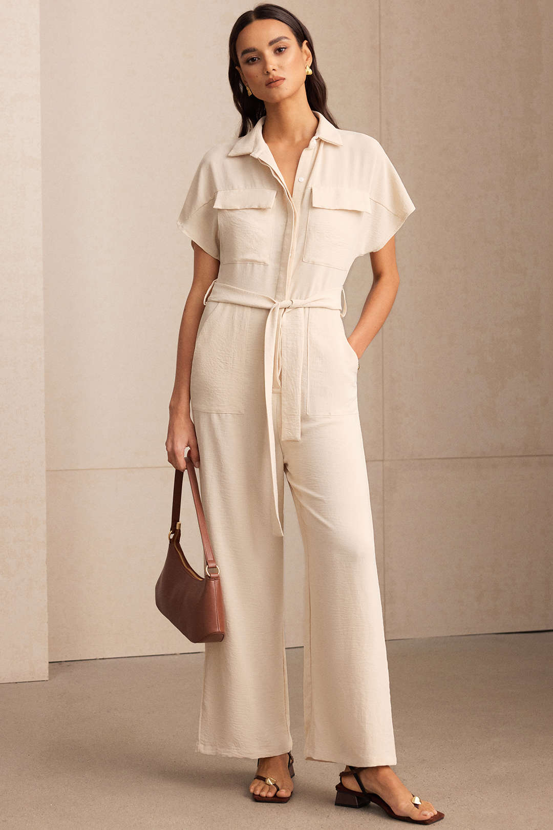 Lapel Tie-Up Pocket Short Sleeve Jumpsuit