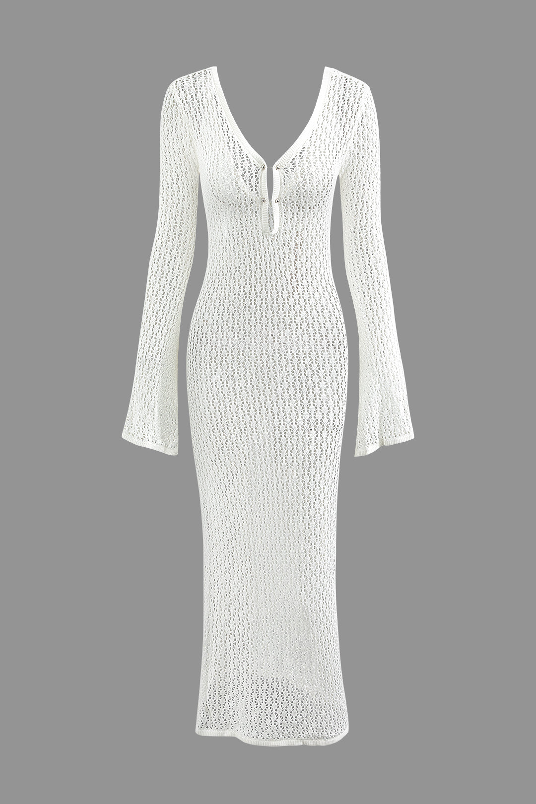 Robe longue en maille ajourée à col en V et manches longues au crochet