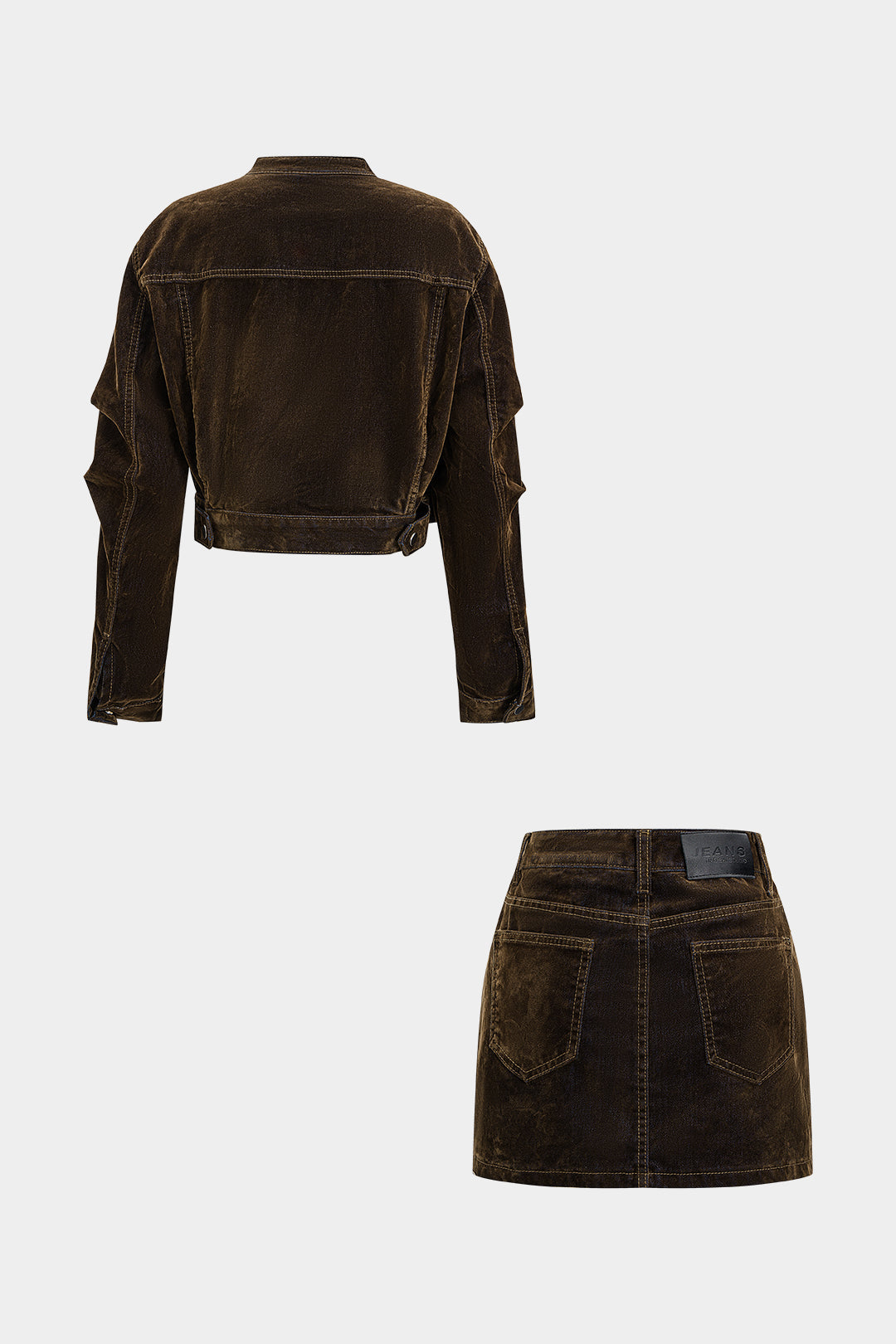 Ensemble jupe courte et veste courte en jean zippée à manches longues